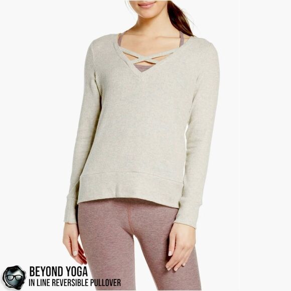 BEYOND YOGA IN LINE REVERSIBLE RIBBED SWEATER OATMEAL HEATER CRISSCROSS STRAPS - Picture 6 of 12